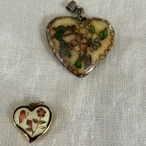Cloisonné Floral Heart Pendants only (2) in Gold and Cream